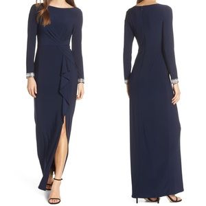 vince camuto beaded cuff ruched jersey gown